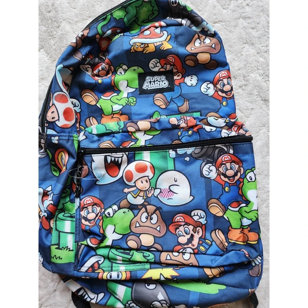 Super Mario All Over Print Youth Backpack Blue Multicolor Nintendo Kids Bag